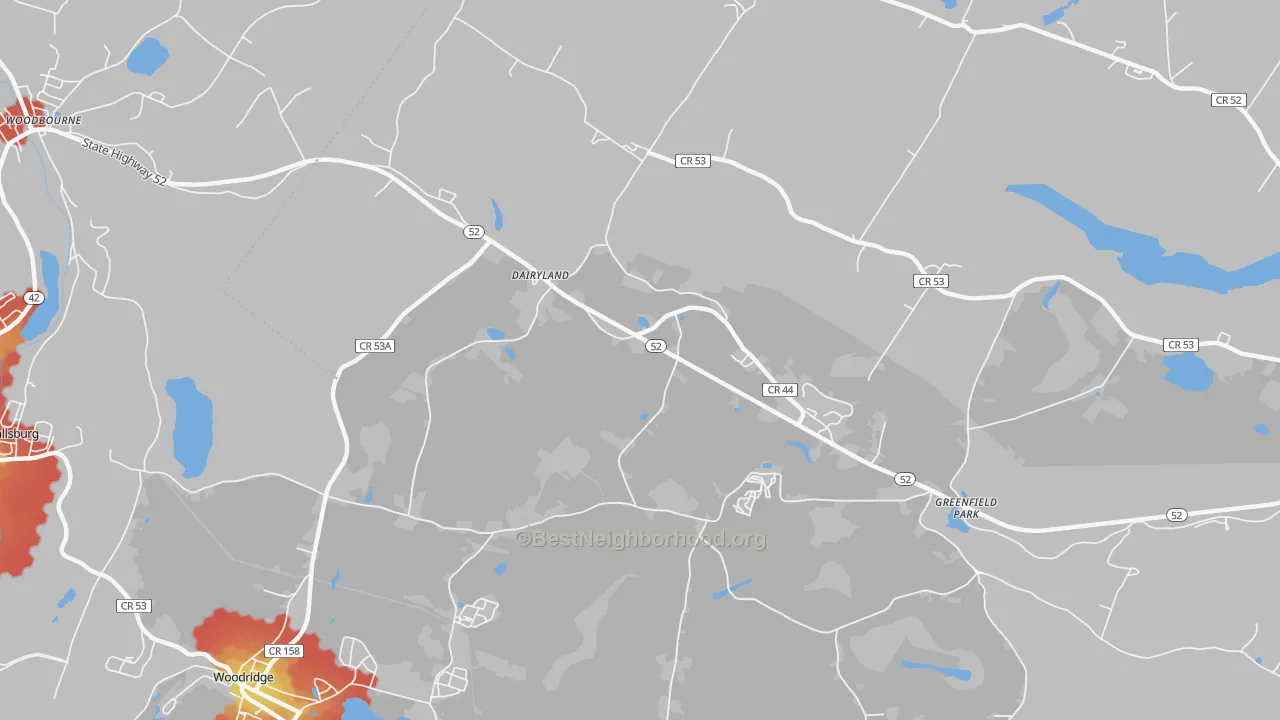 Walk Grade map of Greenfield Park, NY, walkable areas in green and car-dependent areas in red