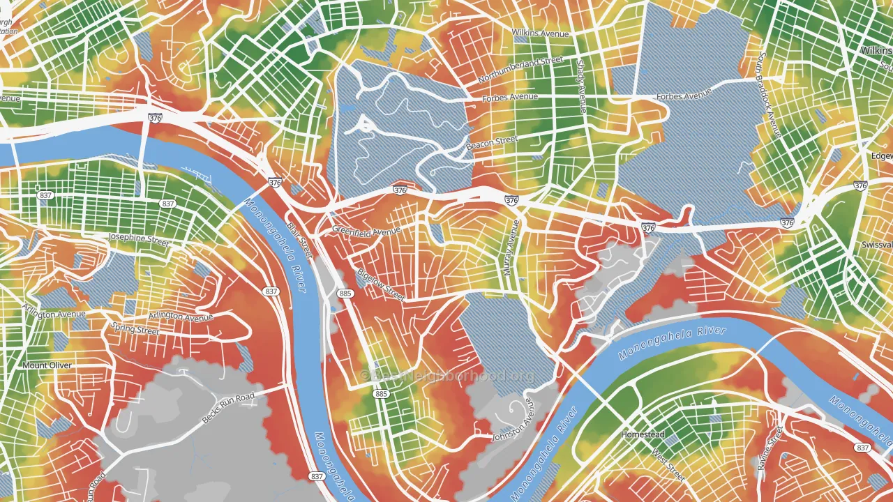 Walk Grade map of Greenfield, Pittsburgh, PA, walkable areas in green and car-dependent areas in red