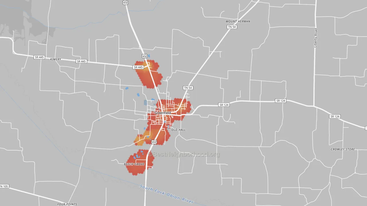 Walk Grade map of Greenfield, TN, walkable areas in green and car-dependent areas in red
