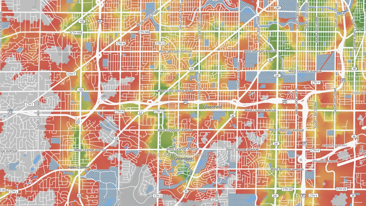 Walk Grade map of Greenfield, WI, walkable areas in green and car-dependent areas in red