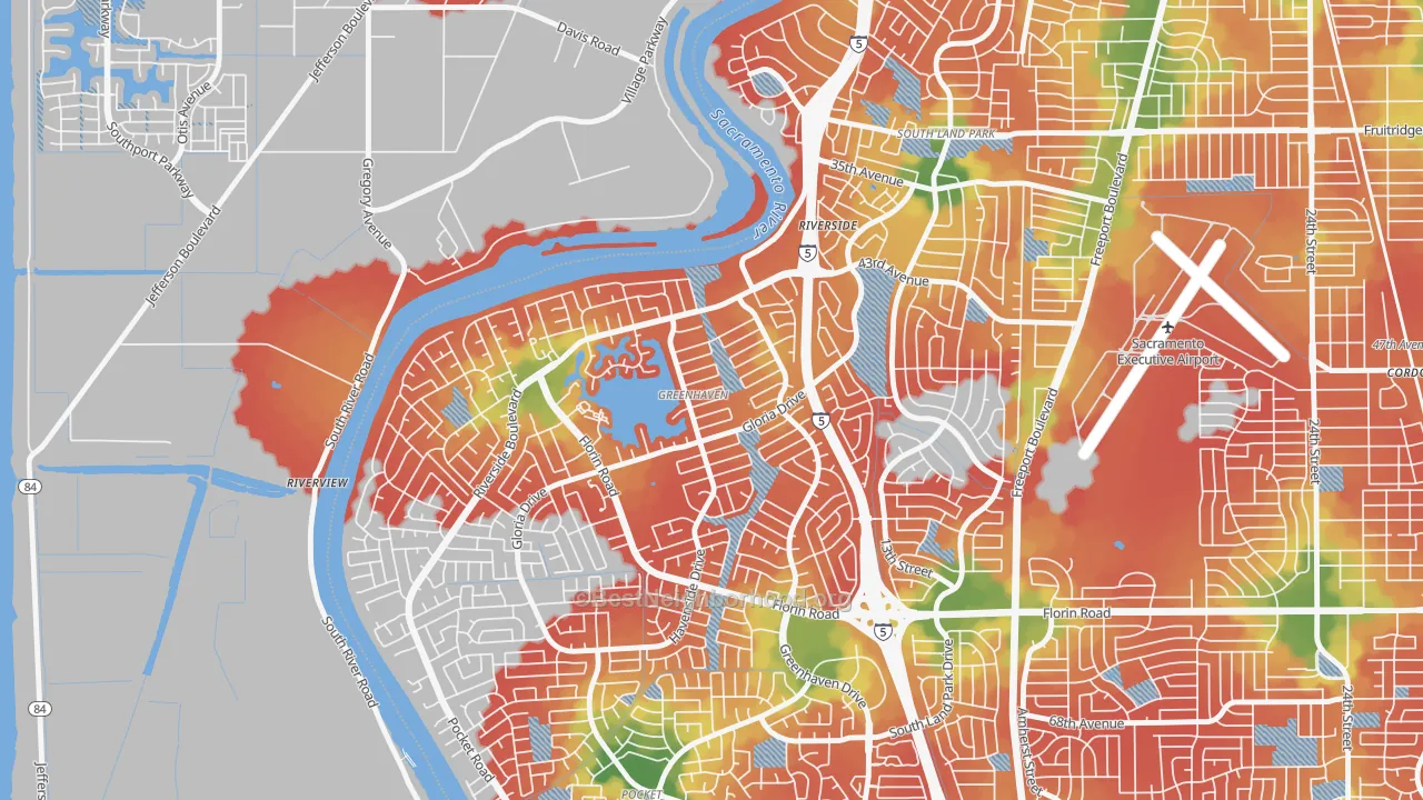 Walk Grade map of Greenhaven, Sacramento, CA, walkable areas in green and car-dependent areas in red