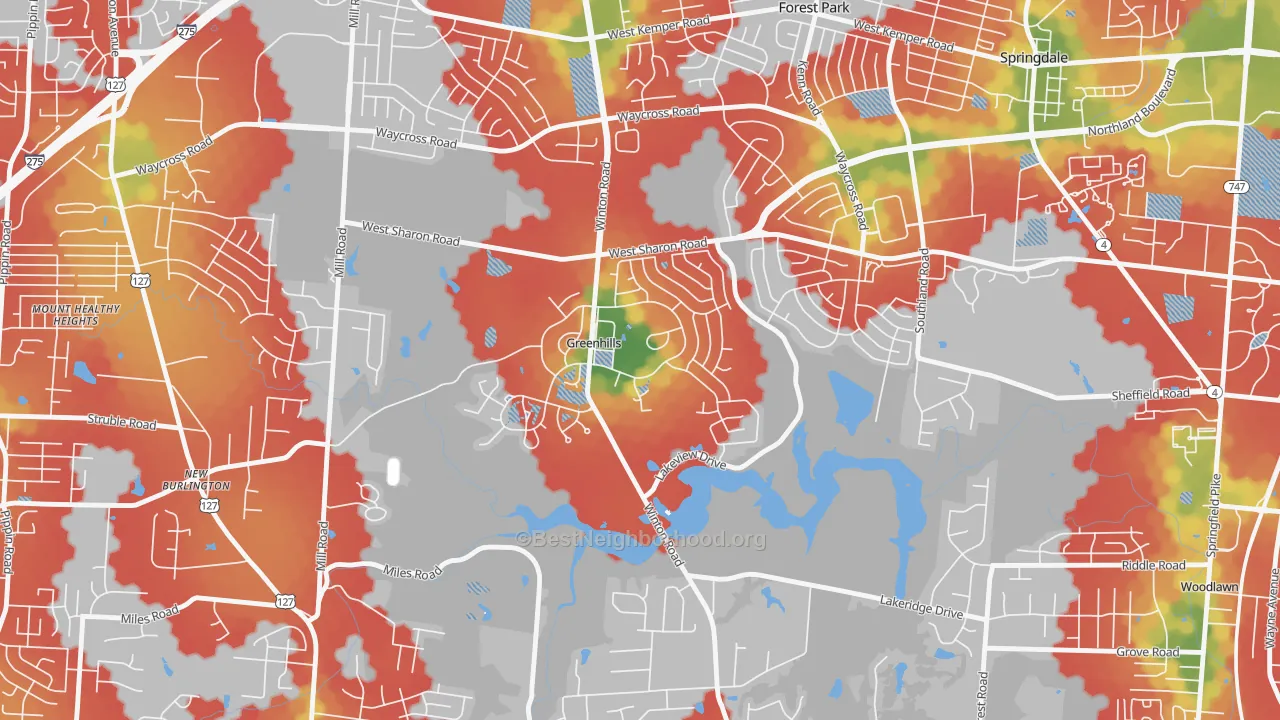 Walk Grade map of Greenhills, OH, walkable areas in green and car-dependent areas in red