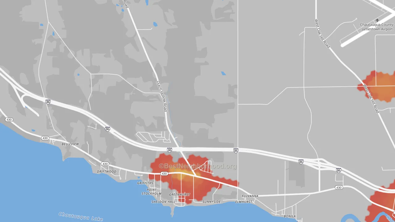 Walk Grade map of Greenhurst, NY, walkable areas in green and car-dependent areas in red