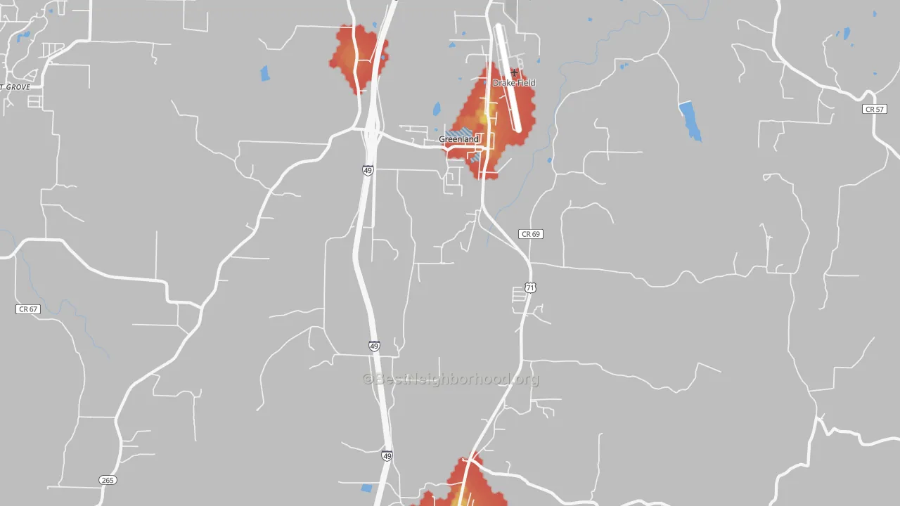 Walk Grade map of Greenland, AR, walkable areas in green and car-dependent areas in red