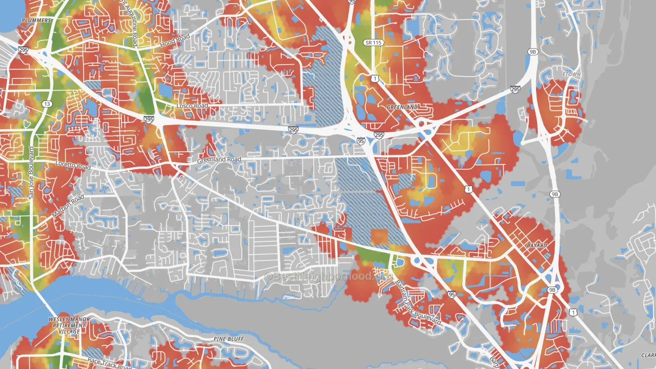 Walk Grade map of Greenland, Jacksonville, FL, walkable areas in green and car-dependent areas in red