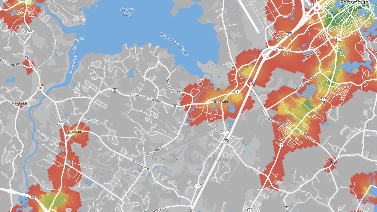 Walk Grade map of Greenland, NH, walkable areas in green and car-dependent areas in red