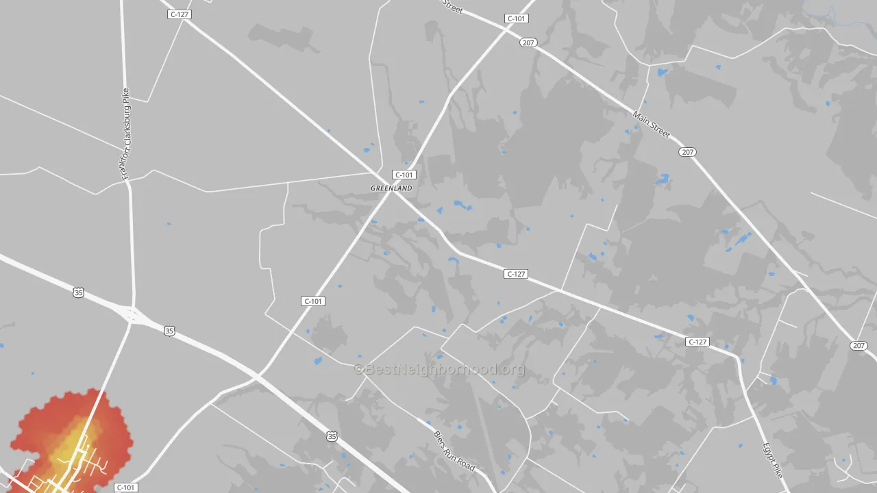 Walk Grade map of Greenland, OH, walkable areas in green and car-dependent areas in red