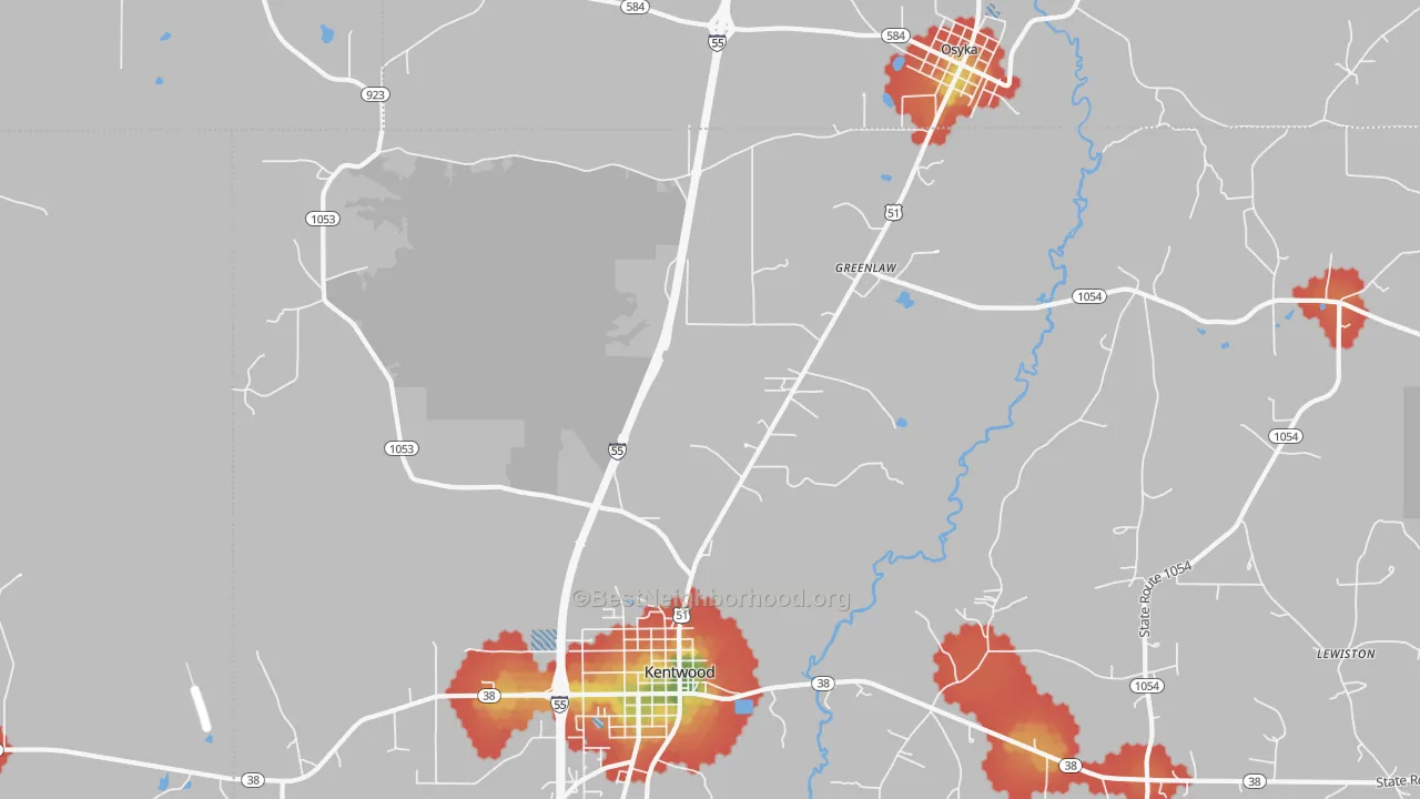 Walk Grade map of Greenlaw, LA, walkable areas in green and car-dependent areas in red