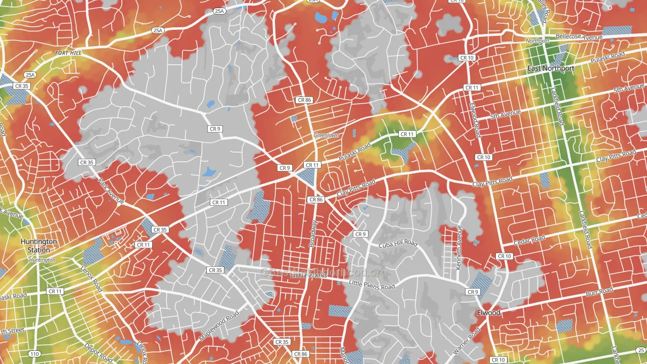 Walk Grade map of Greenlawn, NY, walkable areas in green and car-dependent areas in red