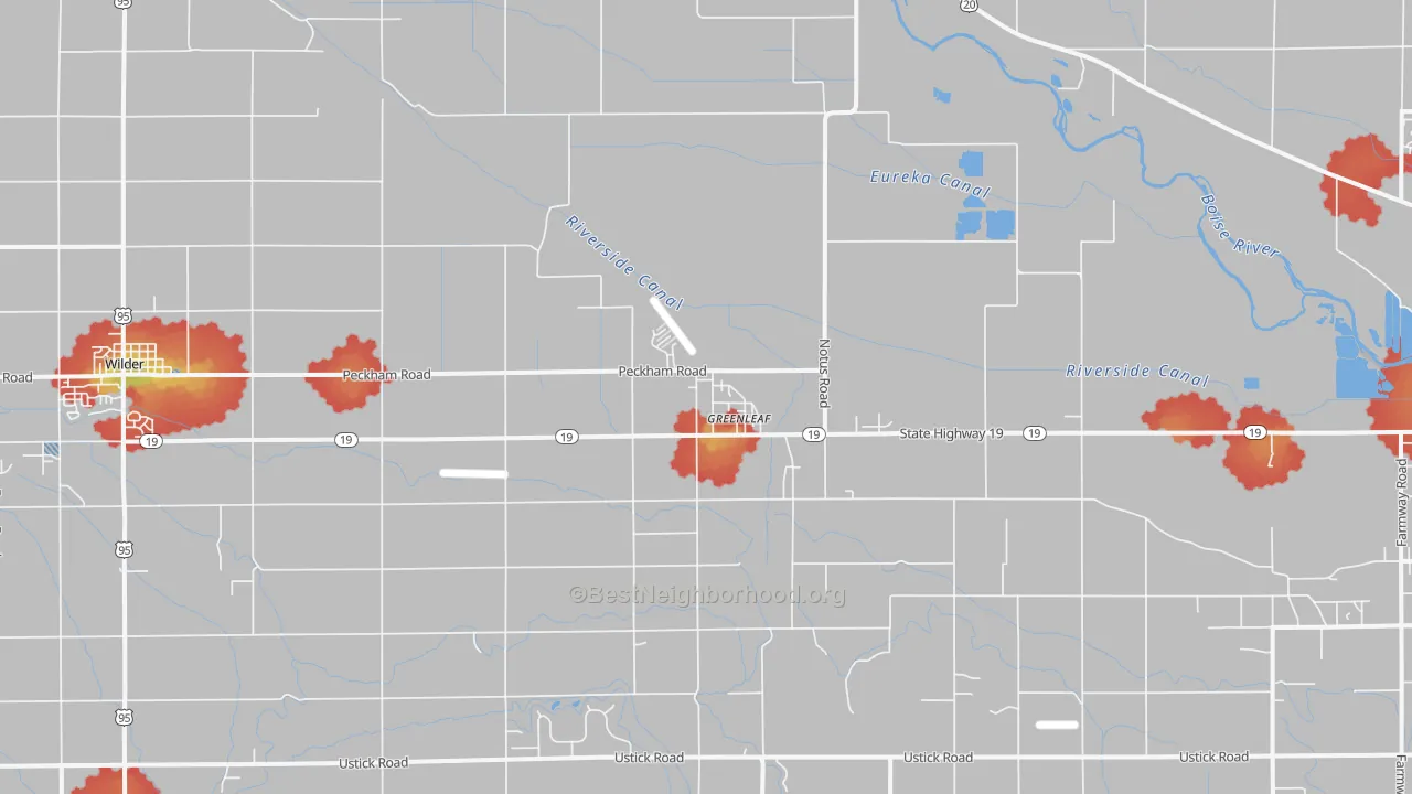 Walk Grade map of Greenleaf, ID, walkable areas in green and car-dependent areas in red