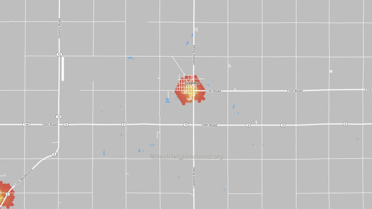 Walk Grade map of Greenleaf, KS, walkable areas in green and car-dependent areas in red