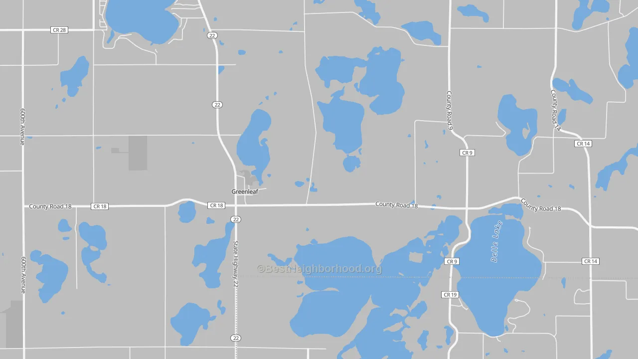 Walk Grade map of Greenleaf, MN, walkable areas in green and car-dependent areas in red