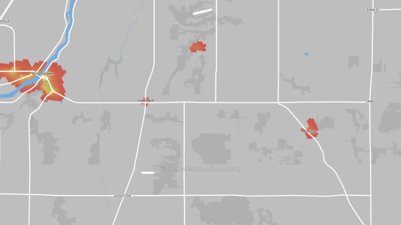 Walk Grade map of Greenleaf, WI, walkable areas in green and car-dependent areas in red