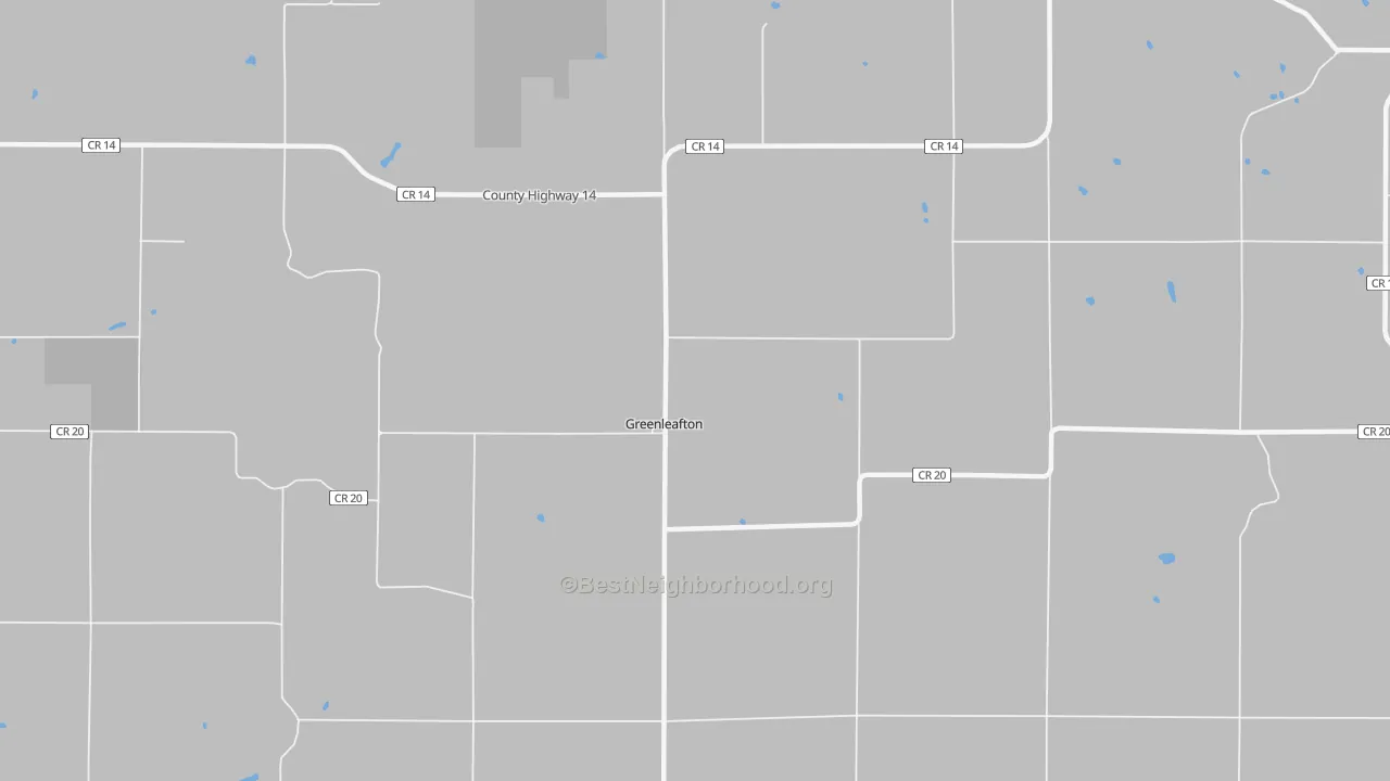Walk Grade map of Greenleafton, MN, walkable areas in green and car-dependent areas in red