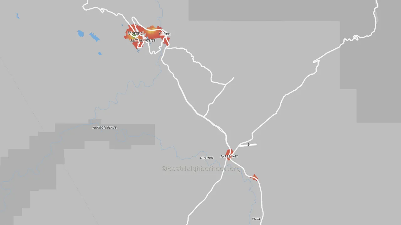 Walk Grade map of Greenlee County, AZ, walkable areas in green and car-dependent areas in red