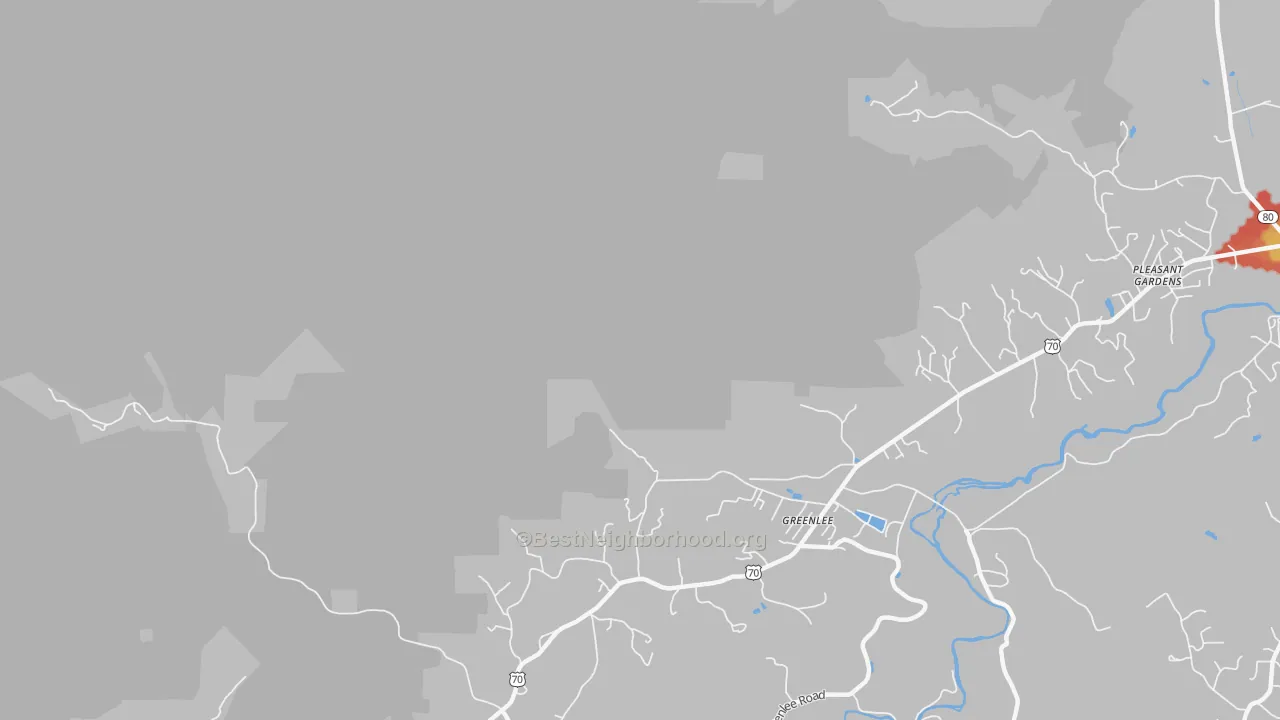Walk Grade map of Greenlee, NC, walkable areas in green and car-dependent areas in red