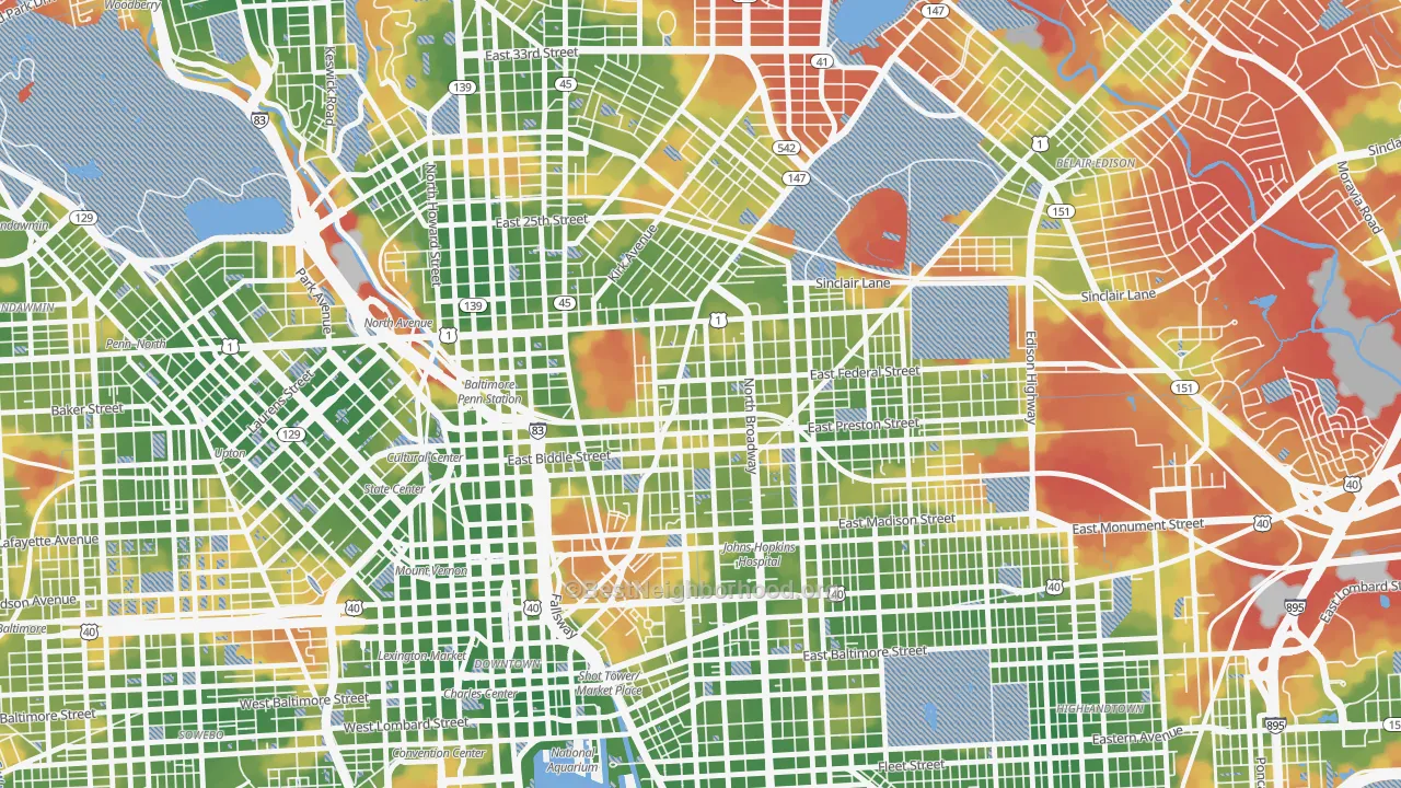 Walk Grade map of Greenmount, Baltimore, MD, walkable areas in green and car-dependent areas in red