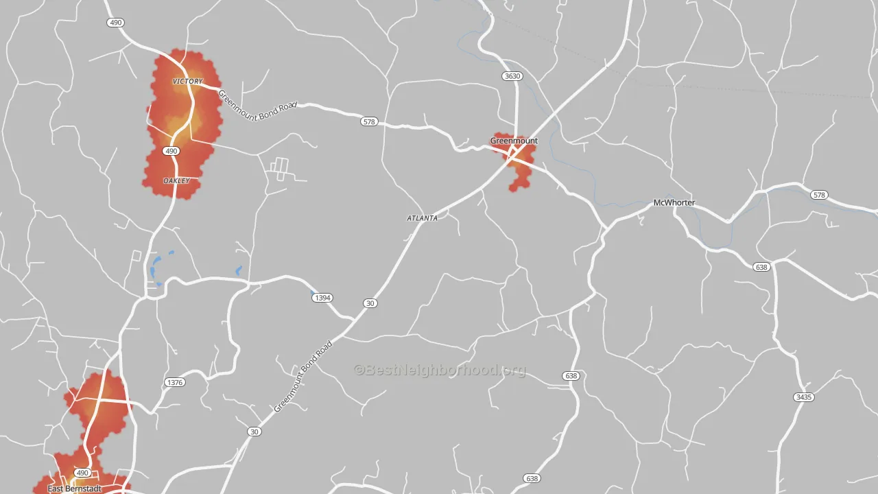 Walk Grade map of Greenmount, KY, walkable areas in green and car-dependent areas in red