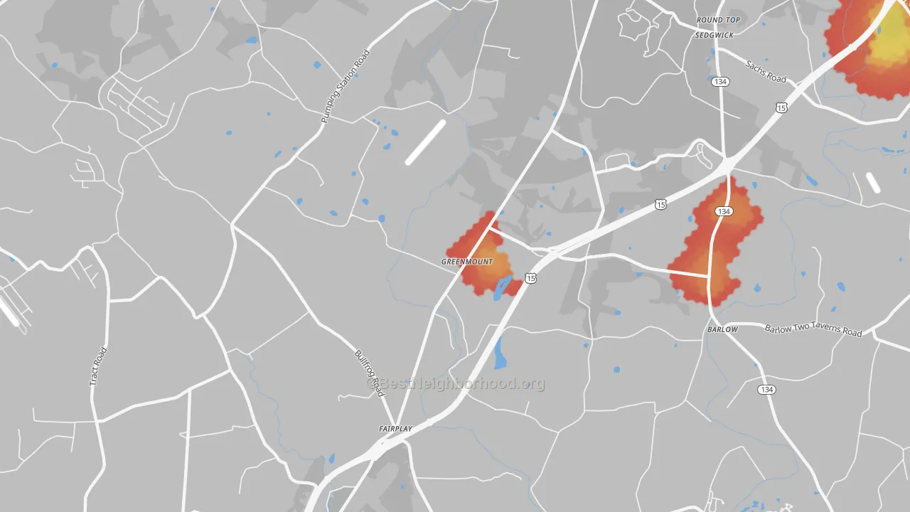 Walk Grade map of Greenmount, PA, walkable areas in green and car-dependent areas in red