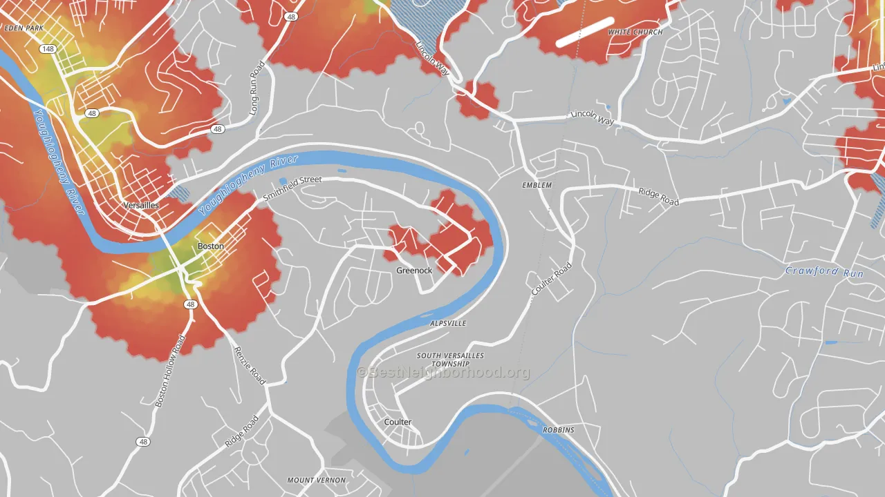 Walk Grade map of Greenock, PA, walkable areas in green and car-dependent areas in red