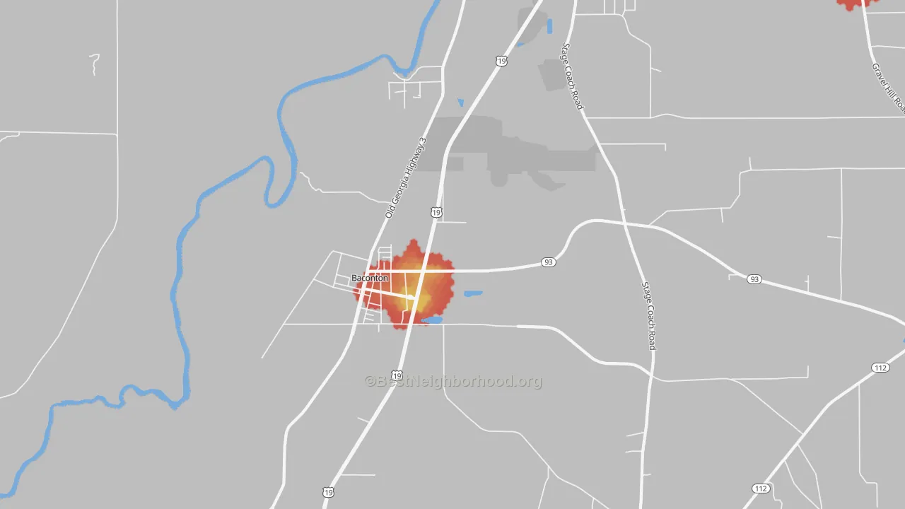 Walk Grade map of Greenough, GA, walkable areas in green and car-dependent areas in red