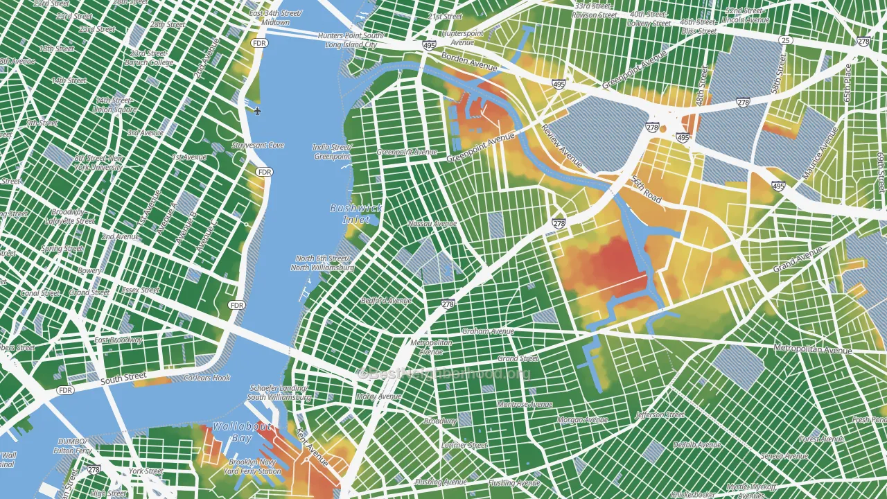 Walk Grade map of Greenpoint, Brooklyn, NY, walkable areas in green and car-dependent areas in red