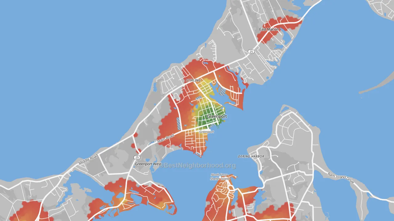 Walk Grade map of Greenport, NY, walkable areas in green and car-dependent areas in red