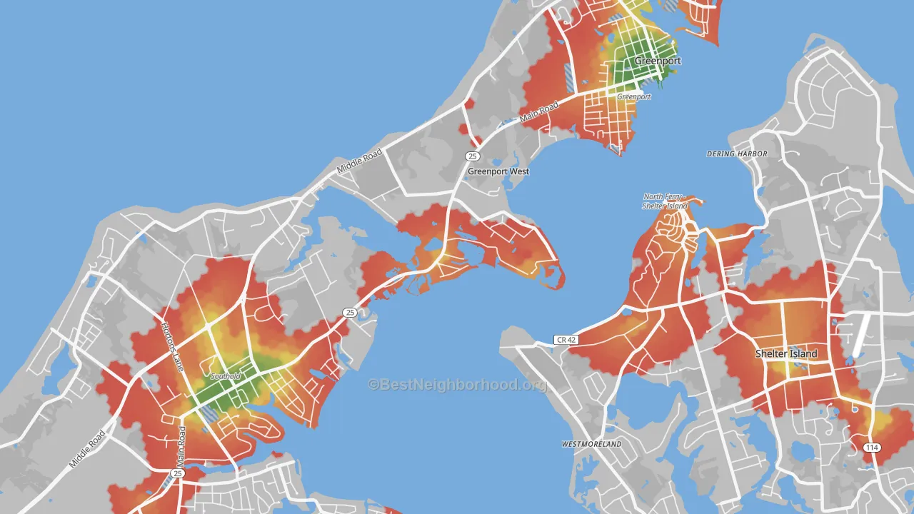 Walk Grade map of Greenport West, NY, walkable areas in green and car-dependent areas in red