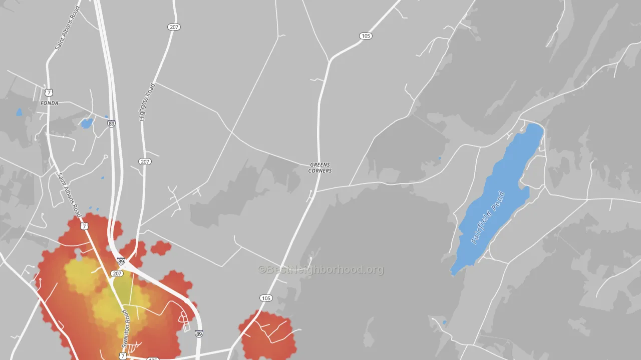 Walk Grade map of Greens Corners, VT, walkable areas in green and car-dependent areas in red