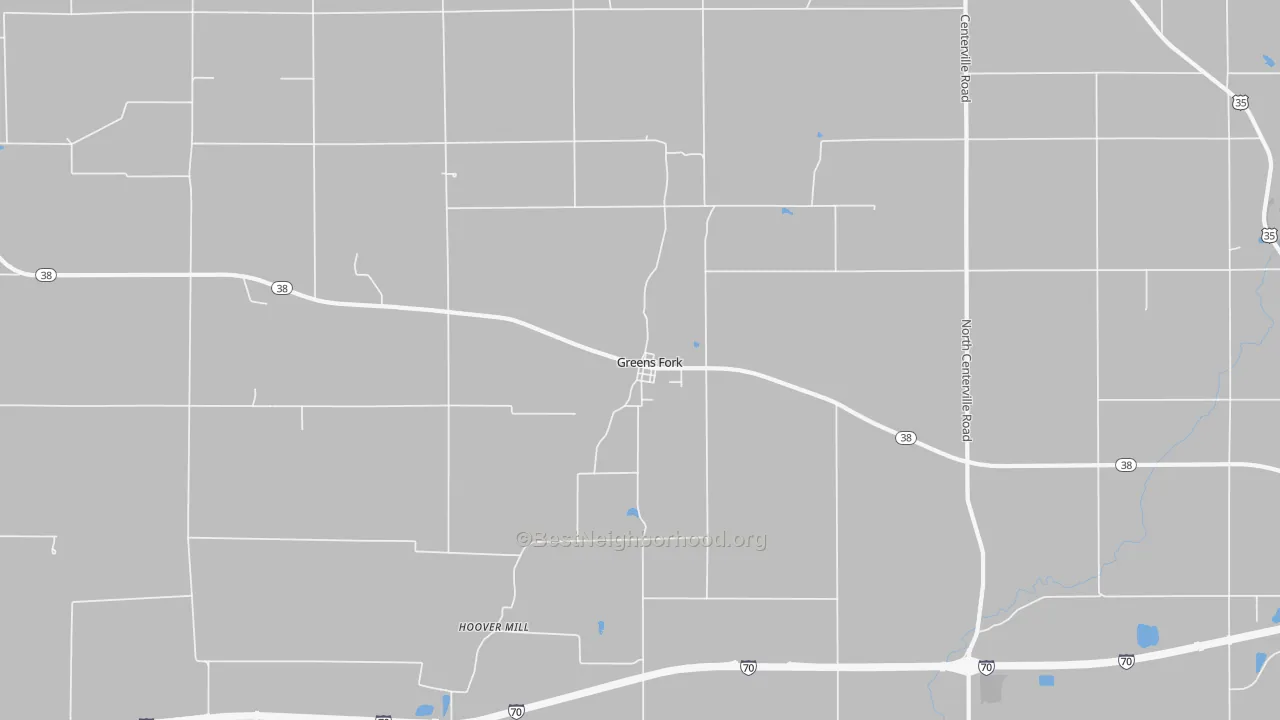 Walk Grade map of Greens Fork, IN, walkable areas in green and car-dependent areas in red
