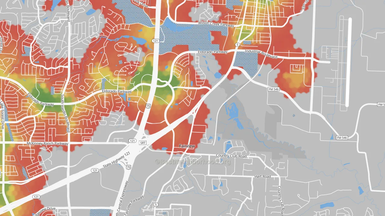 Walk Grade map of Greens of McKinney, McKinney, TX, walkable areas in green and car-dependent areas in red