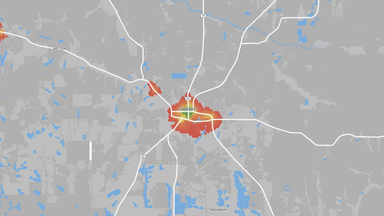Walk Grade map of Greensboro, AL, walkable areas in green and car-dependent areas in red