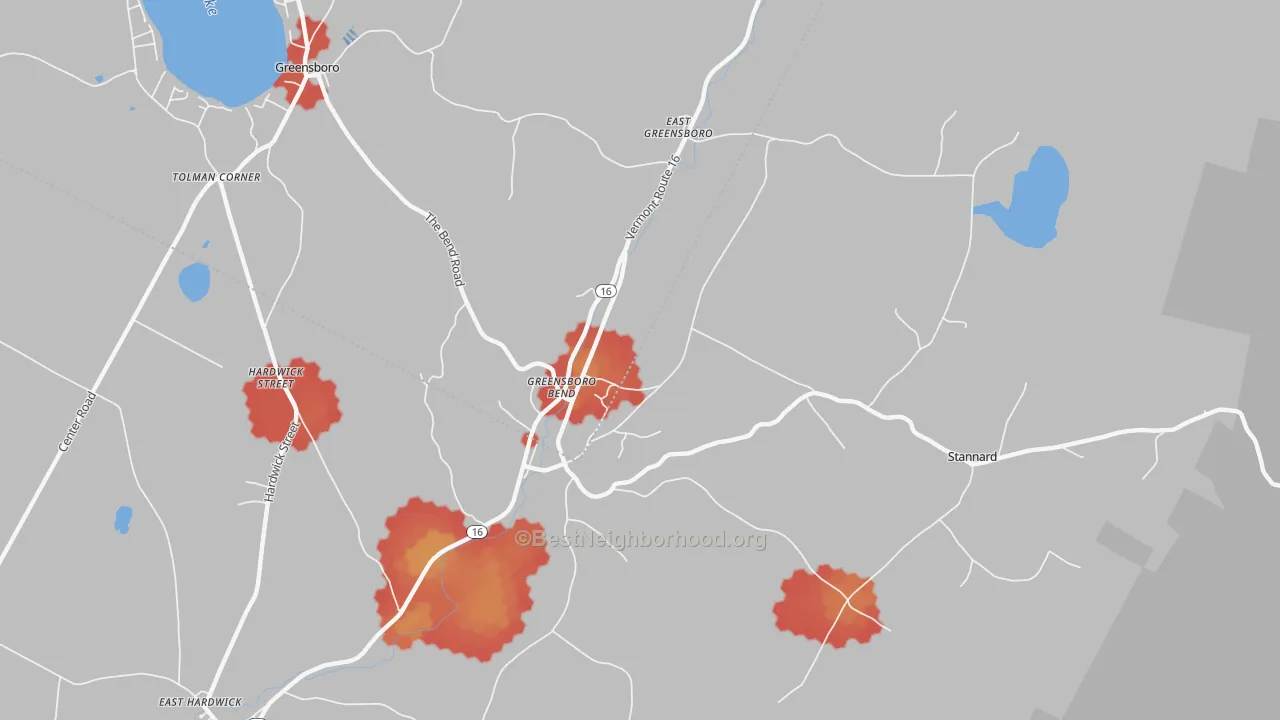 Walk Grade map of Greensboro Bend, VT, walkable areas in green and car-dependent areas in red