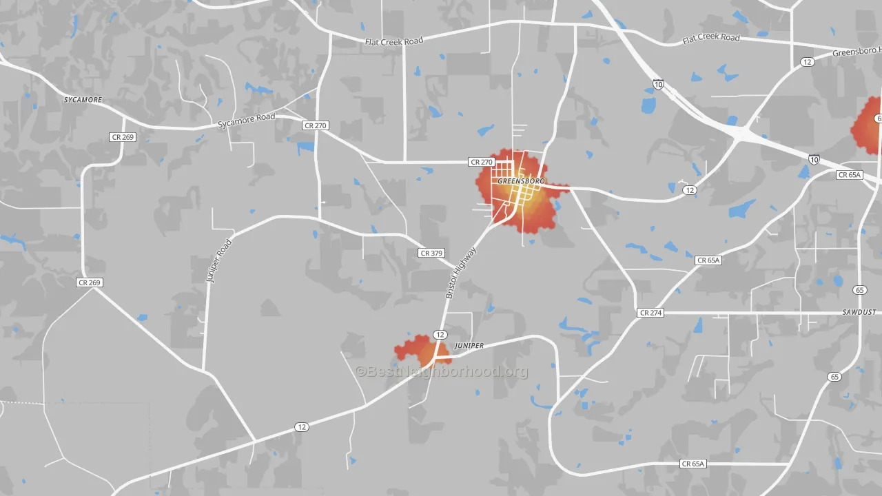 Walk Grade map of Greensboro, FL, walkable areas in green and car-dependent areas in red