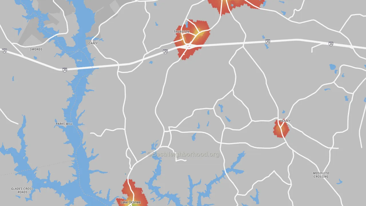 Walk Grade map of Greensboro, GA, walkable areas in green and car-dependent areas in red