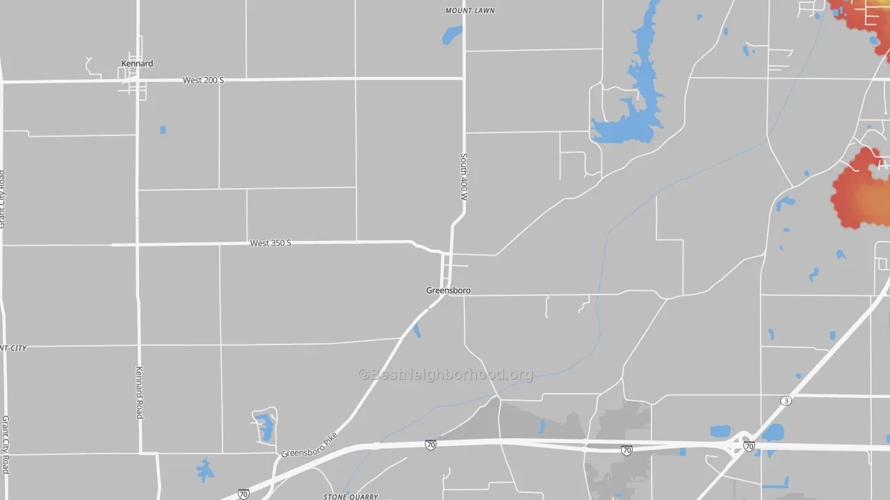 Walk Grade map of Greensboro, IN, walkable areas in green and car-dependent areas in red