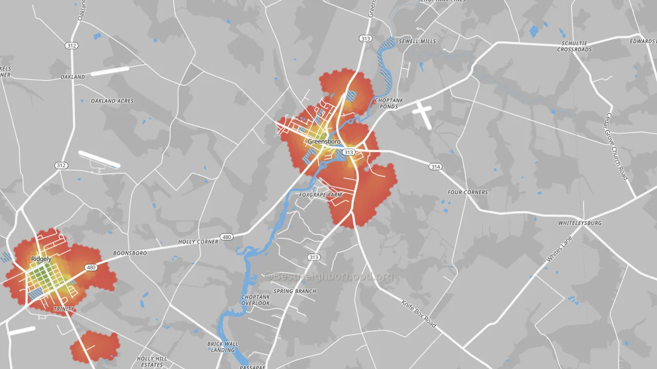 Walk Grade map of Greensboro, MD, walkable areas in green and car-dependent areas in red