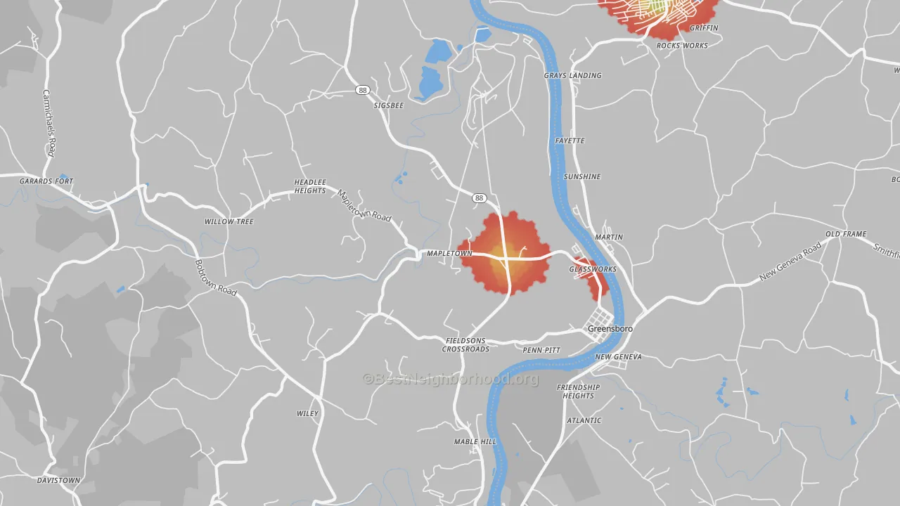 Walk Grade map of Greensboro, PA, walkable areas in green and car-dependent areas in red