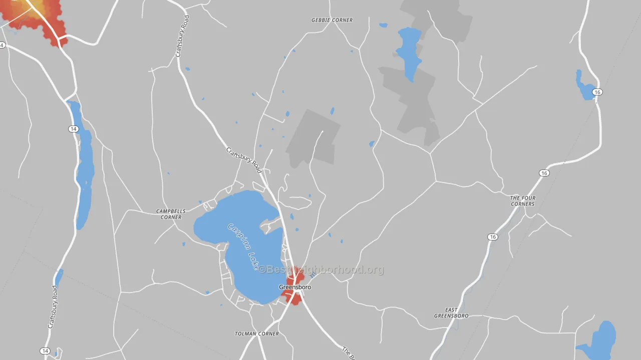 Walk Grade map of Greensboro, VT, walkable areas in green and car-dependent areas in red