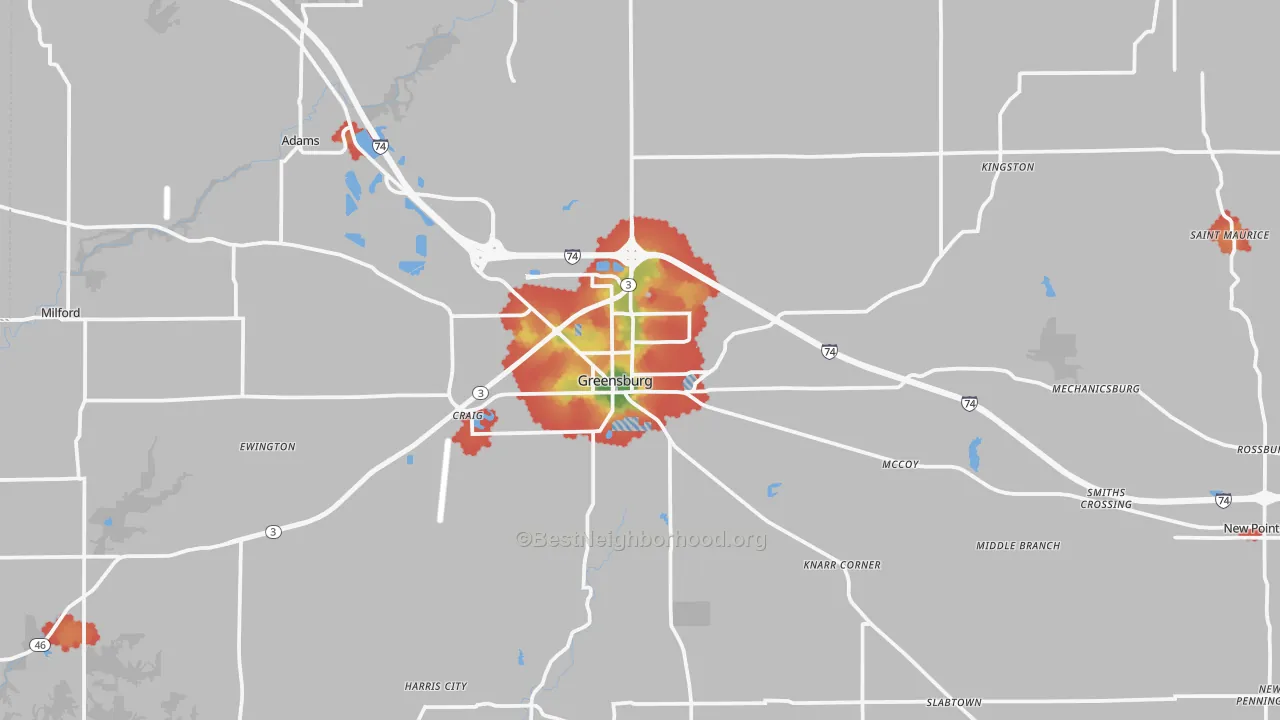 Walk Grade map of Greensburg, IN, walkable areas in green and car-dependent areas in red