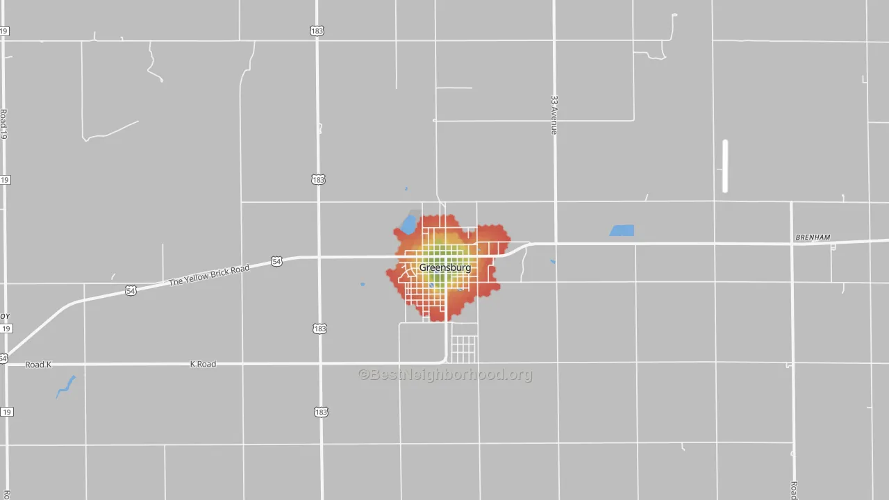 Walk Grade map of Greensburg, KS, walkable areas in green and car-dependent areas in red