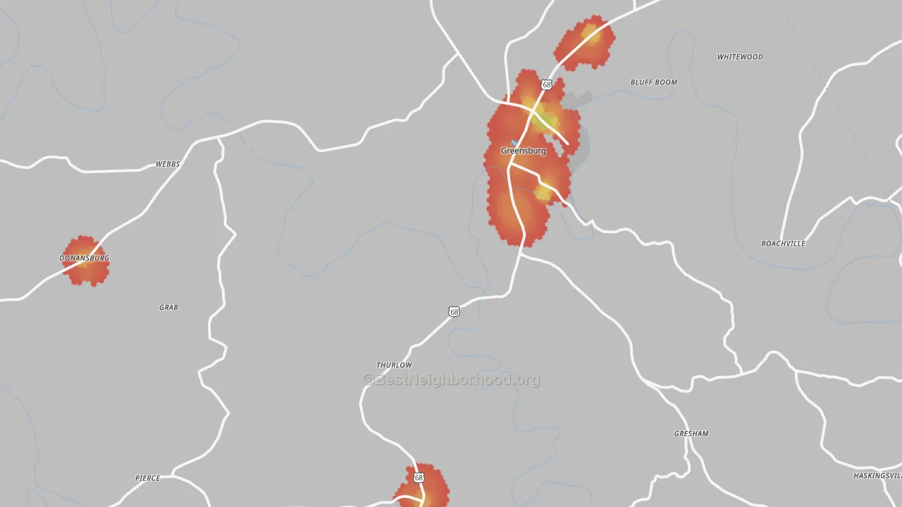 Walk Grade map of Greensburg, KY, walkable areas in green and car-dependent areas in red