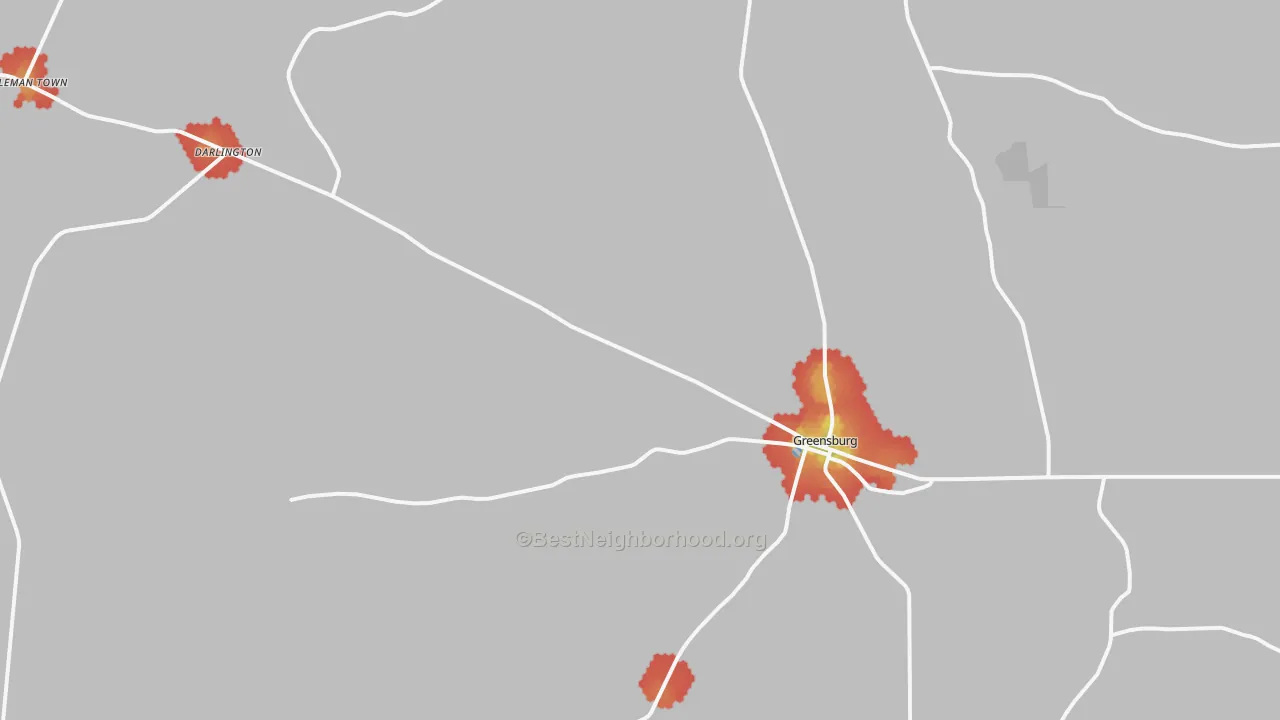 Walk Grade map of Greensburg, LA, walkable areas in green and car-dependent areas in red