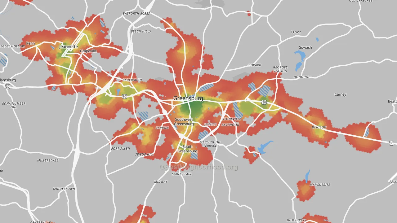 Walk Grade map of Greensburg, PA, walkable areas in green and car-dependent areas in red