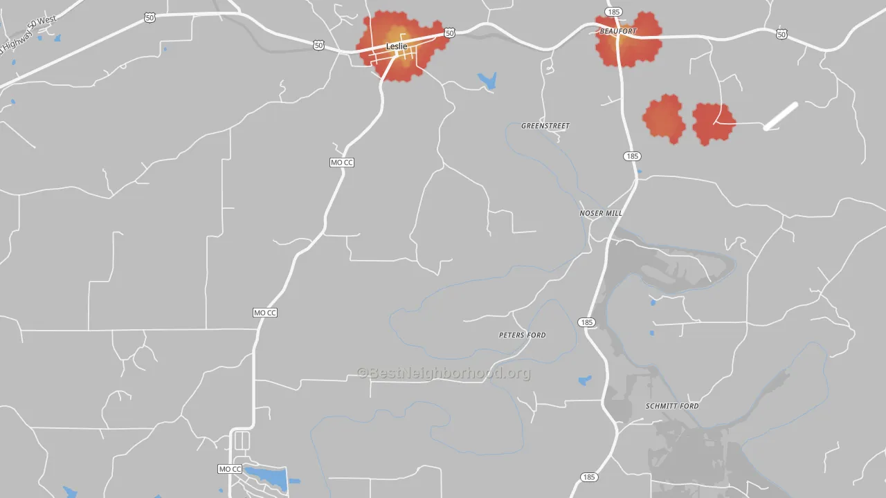 Walk Grade map of Greenstreet, MO, walkable areas in green and car-dependent areas in red