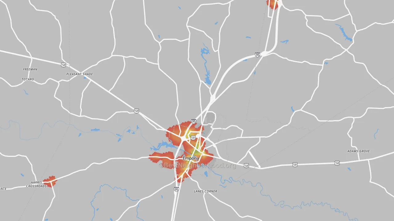 Walk Grade map of Greensville County, VA, walkable areas in green and car-dependent areas in red