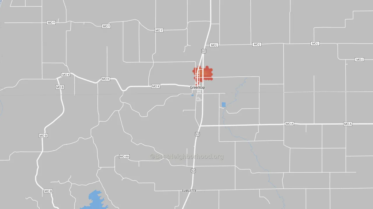 Walk Grade map of Greentop, MO, walkable areas in green and car-dependent areas in red