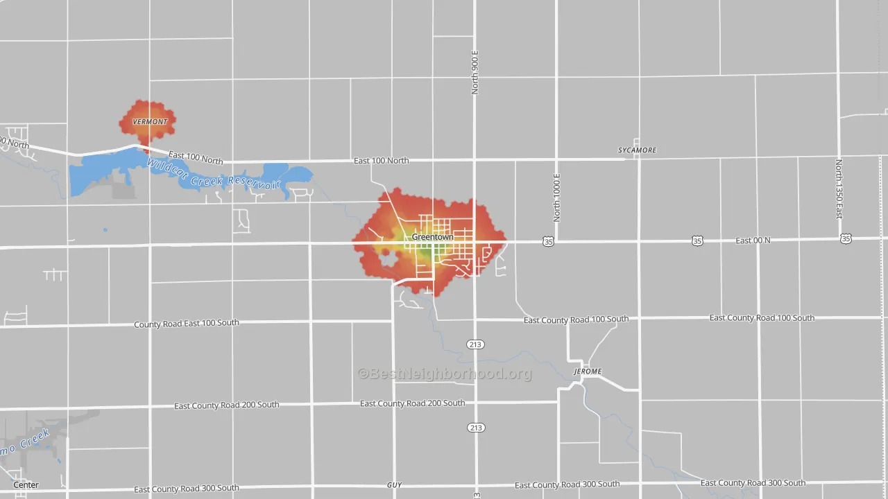 Walk Grade map of Greentown, IN, walkable areas in green and car-dependent areas in red