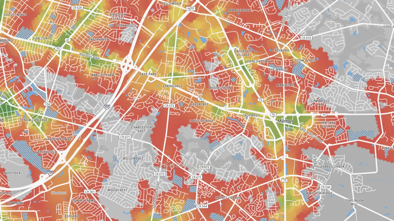 Walk Grade map of Greentree, NJ, walkable areas in green and car-dependent areas in red