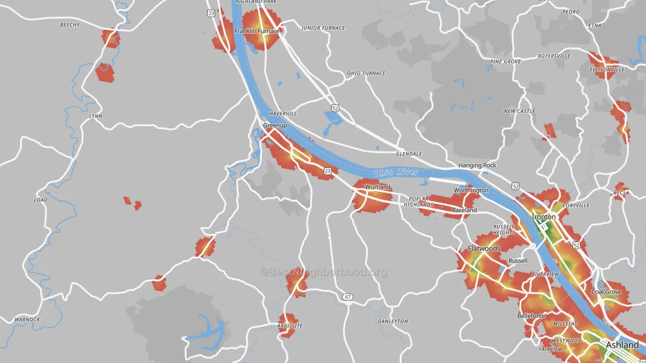 Walk Grade map of Greenup County, KY, walkable areas in green and car-dependent areas in red